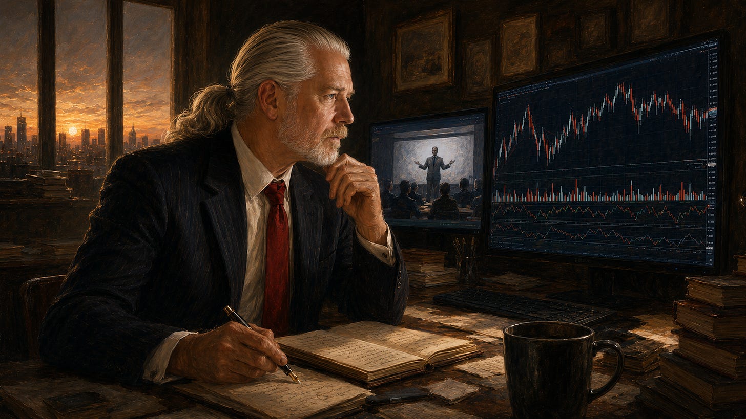 ainterly oil-style portrait: silver-haired Rick Horowitz with full beard in dark pinstripe suit and red tie sits at a cluttered desk, chin on hand, writing in a journal. Beside him, a large monitor shows a candlestick chart with an inset image of a man teaching a seated audience. Sunset cityscape visible through the window behind.