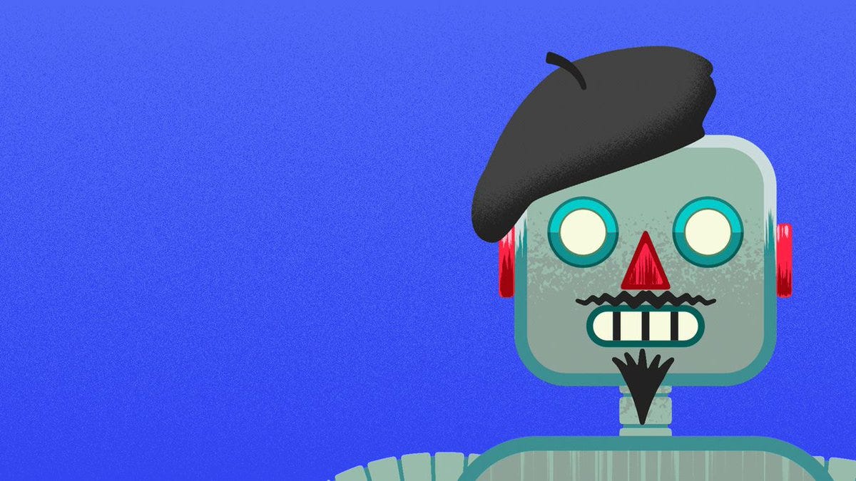 Illustration of a robot head with a beret and a goatee