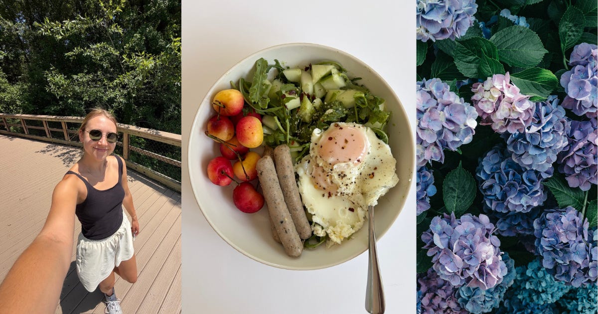 girl walking; balanced plate; blue hydrangeas girl walking; balanced plate; blue hydrangeas