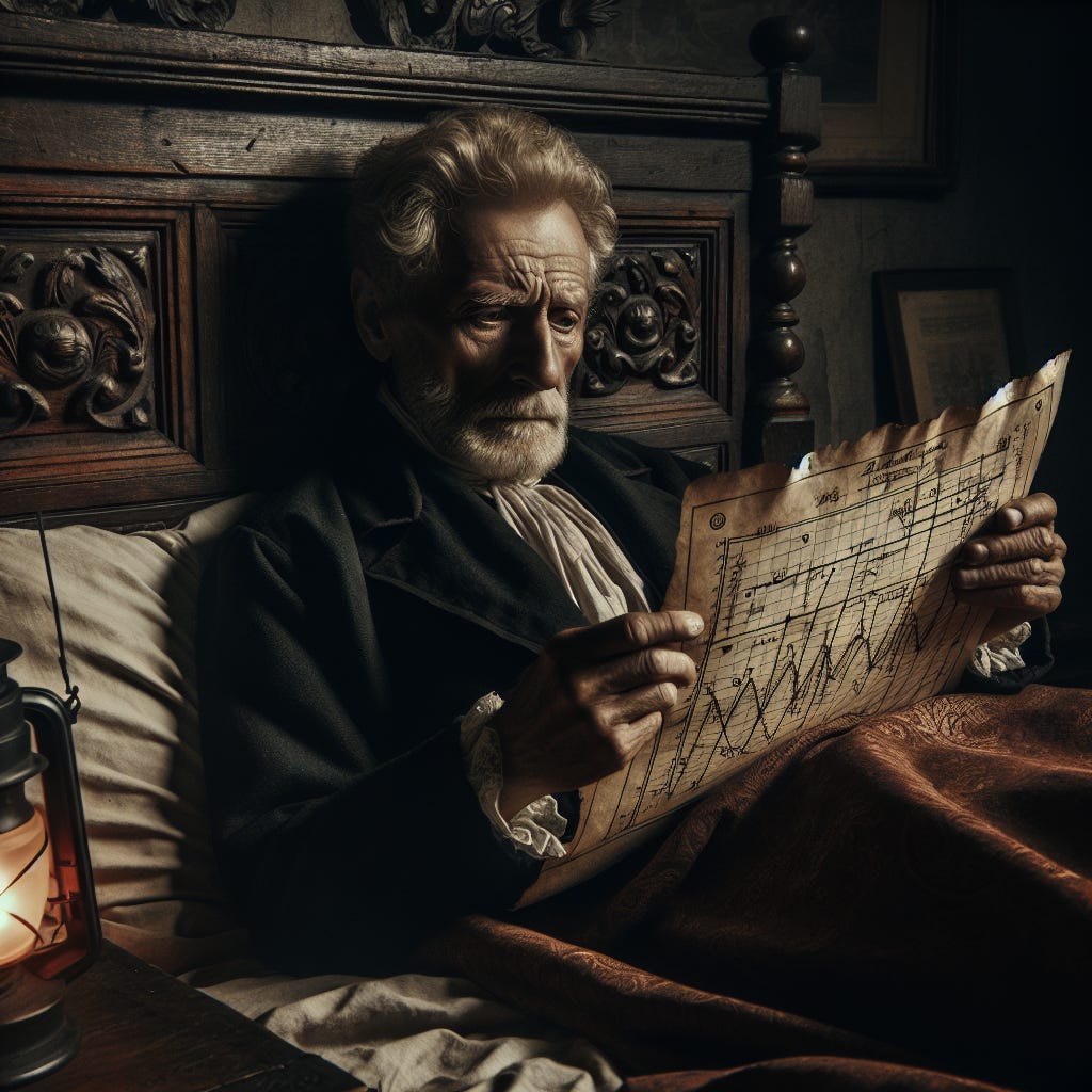 prompt: an old man on his deathbed thinking about charts