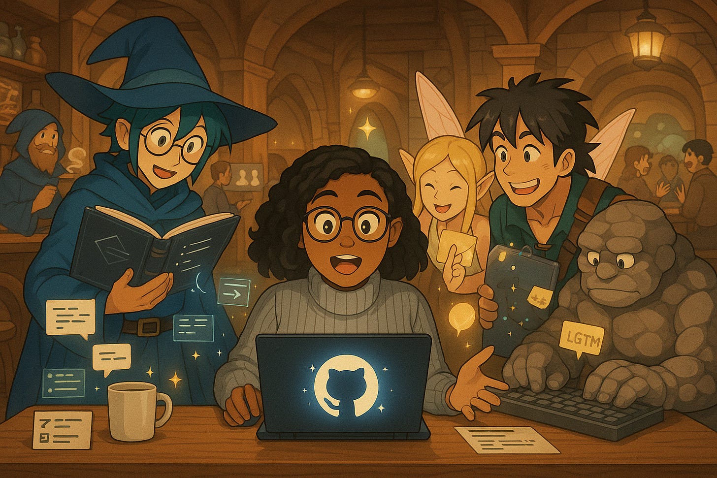 A cartoon developer surrounded by fantasy characters like a wizard, fairy, and golem, all working together in a cozy GitHub-themed café.