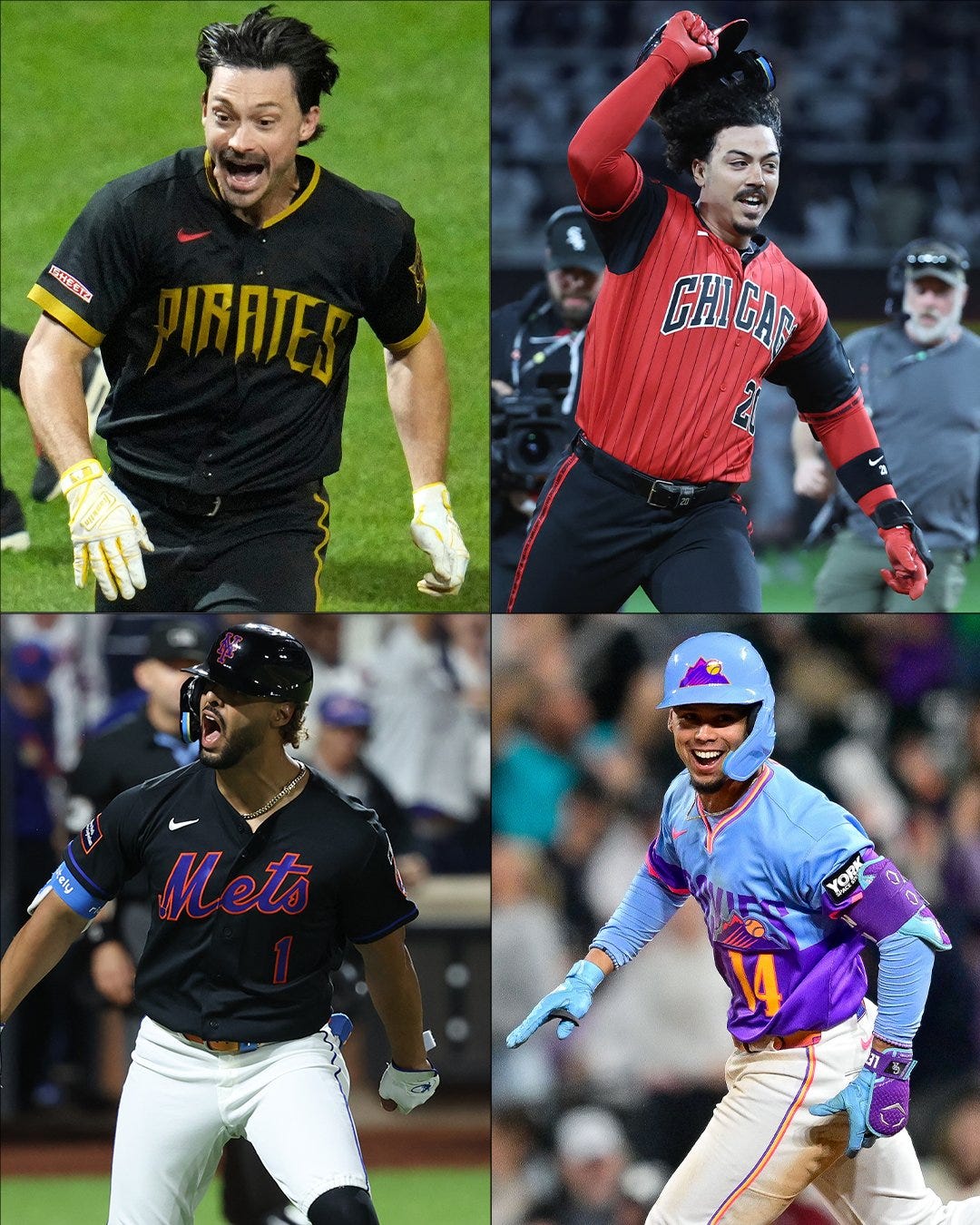 Top left - Bryan Reynolds rounds the bases after hitting a walk-off home run. He is wearing a black Pittsburgh Pirates City Connect jersey. 
Top right - Miguel Vargas rounds the bases after hitting a walk-off home run. He is wearing a red and black Chicago White Sox City Connect jersey. 
Bottom left - MJ Melendez shouts in celebration after hitting a walk-off home run. He is wearing a black New York Mets jersey. 
Bottom right - Ezequiel Tovar rounds the bases after hitting a walk-off home run. He is wearing a blue and purple Colorado Rockies City Connect jersey. 