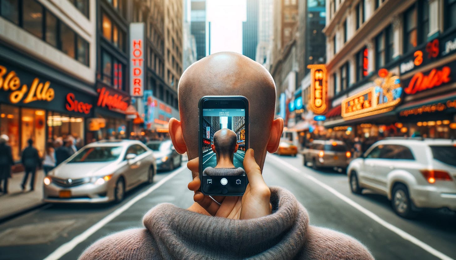 A bald man stands in a street. He's wearing a woolly jumper with a large cowl. A hand sticks up from the neck of the cowl holding a phone. The phone has a picture of a bald man on a street on it.