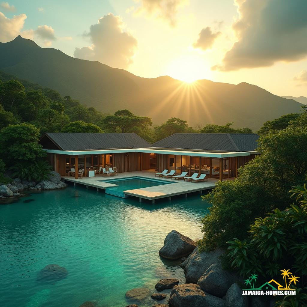 Luxurious Jamaican resort, lush green palm trees swaying gently in the Caribbean breeze, turquoise ocean waves crashing against the shore, warm golden light casting long shadows across the pristine white sand beach, cinematic composition