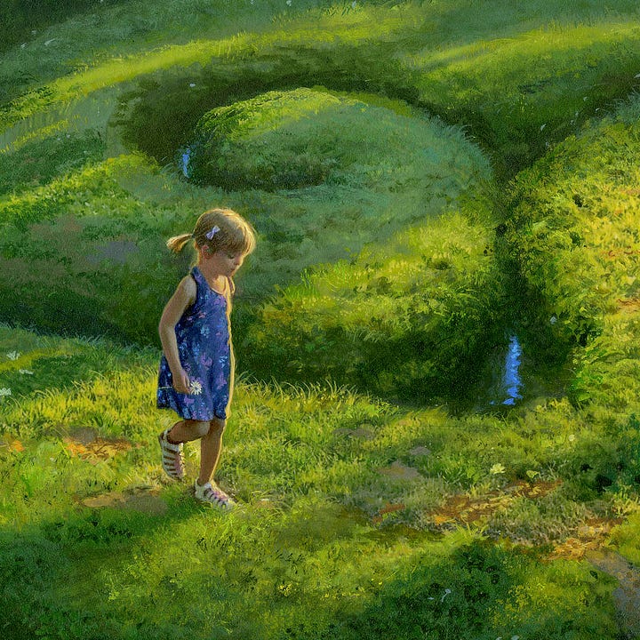 LEFT: Figure detail from PATH featuring a young girl in blue sundress taking a step on a raised grassy path in what appears to be a gently flowing maze. She absently holds a daisy at her side. RIGHT: Close detail from APATH featuring a young girl in a blue sundress. The warmth of the sun highlights her as she takes a step on a grassy path. Her blonde hair is tied back in pigtails with a small white bow at the side. She absently holds a daisy at her side. Looking down, it appears her eyes are closed. Just past her, another path ends in a swirl with water filling recess between tracks, reflecting the sky in a wavy blue line.
