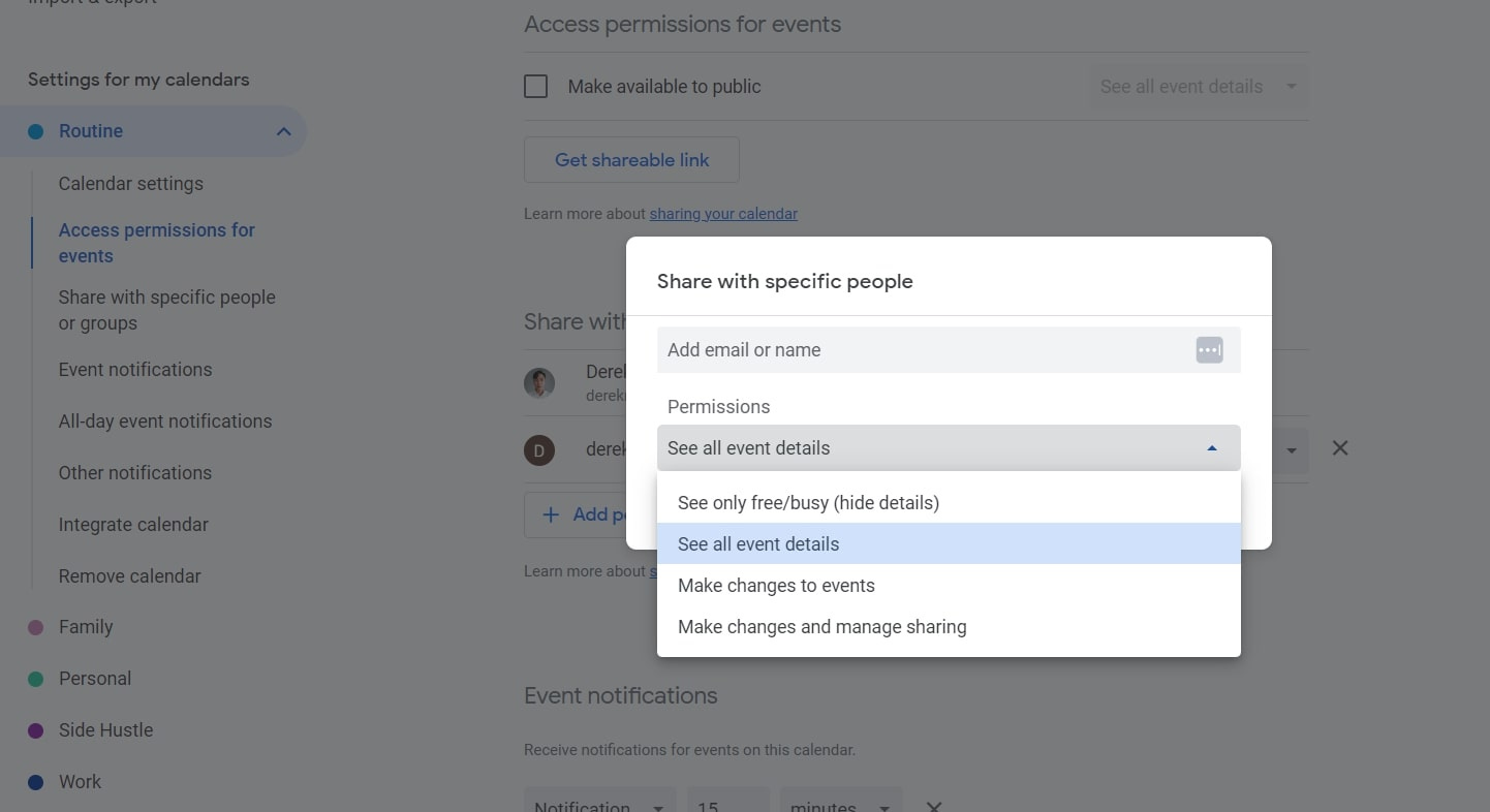 Screenshot of how to share Google Calendar to promote accountability in habit tracking.