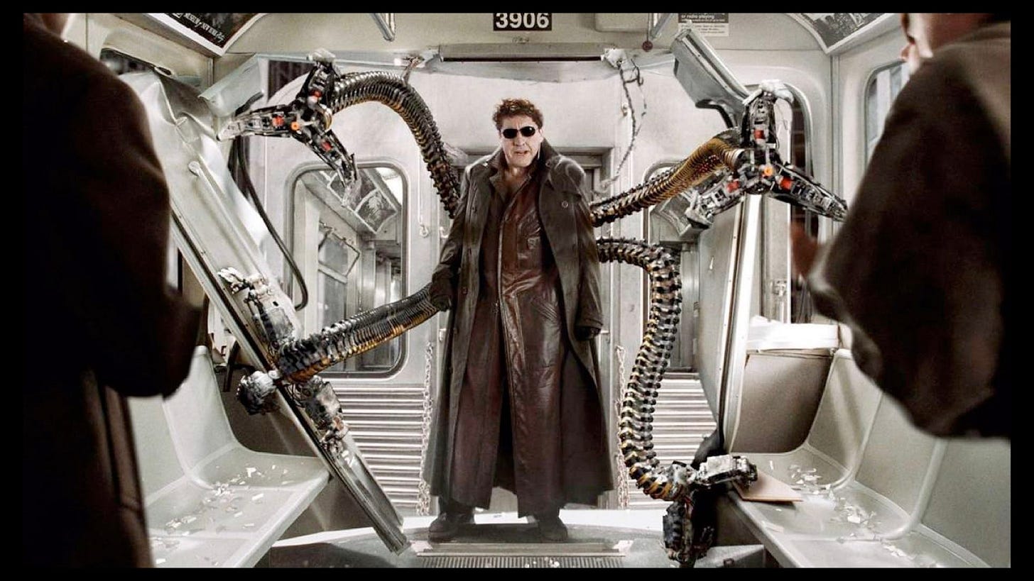 Alfred Molina's Doc Ock in Spider-Man 2, tearing apart a New York subway train with his four claws. Alfred Molina's Doc Ock in Spider-Man 2, tearing apart a New York subway train with his four claws.