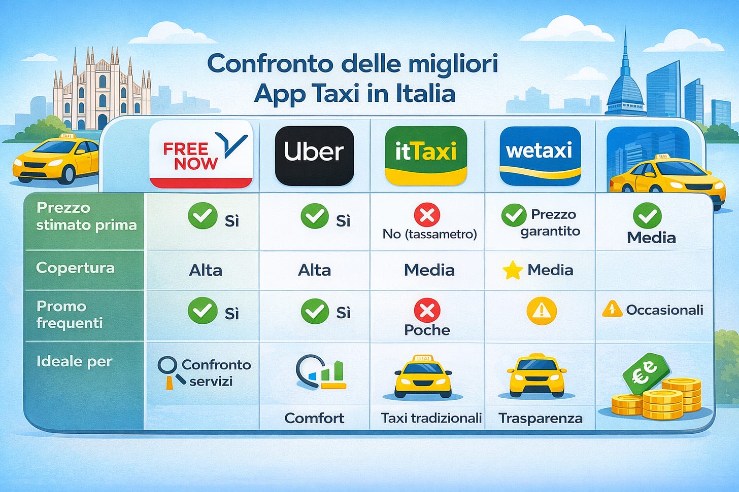 Tabella di confronto tra le principali APP di taxi in Italia: Free Now, Uber, itTaxi e Wetaxi