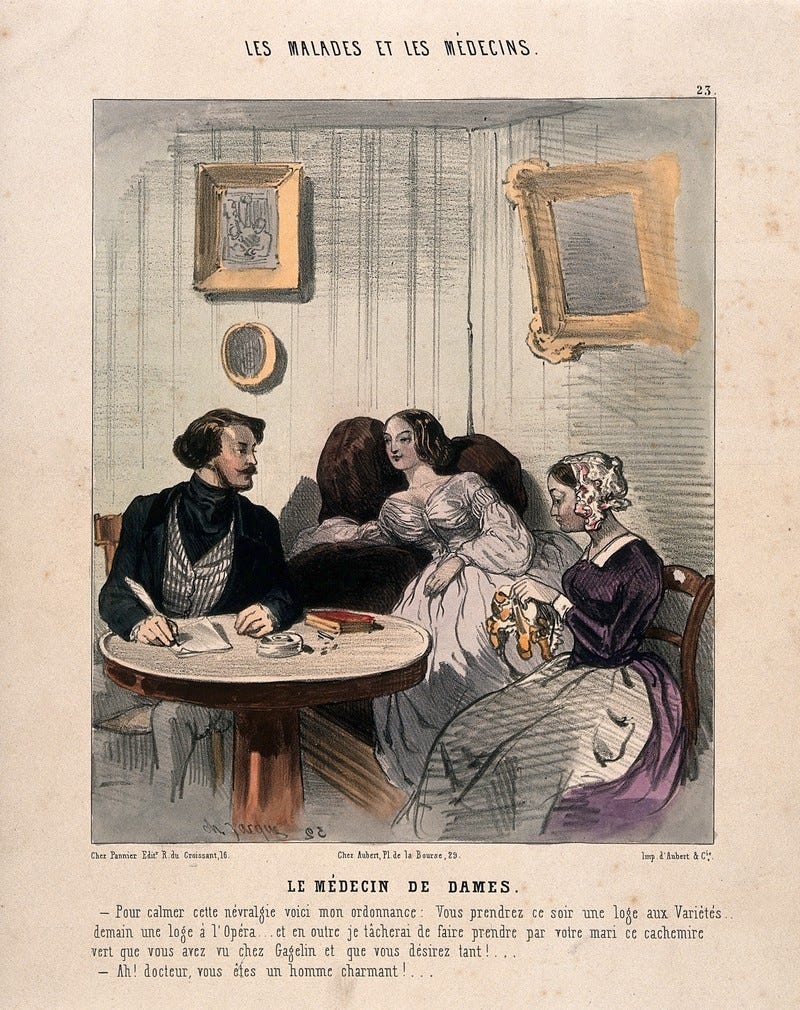 Image of lithograph with watercolour featuring a man, a women in a nice dress and a maid sat around a table. Image of lithograph with watercolour featuring a man, a women in a nice dress and a maid sat around a table.