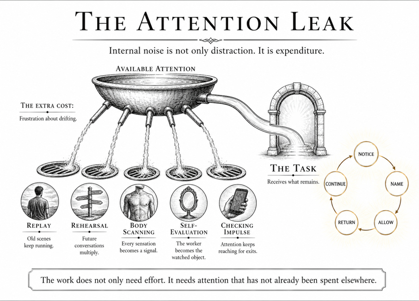 Diagram showing available attention leaking into internal noise before reaching the task. Long description needed below. Diagram showing available attention leaking into internal noise before reaching the task. Long description needed below.