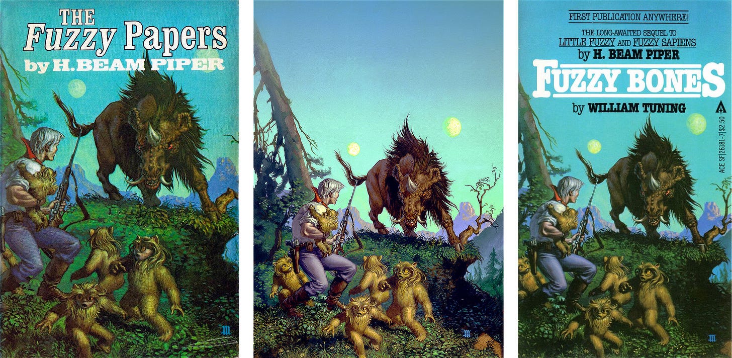 Illustration flanked by book covers for THE FUZZY PAPERS and FUZZY BONES. A white haired man cradles a little fuzzy alien creature in one hand and a laser rifle in the other while staring down a horned and tusked alien boar-like creature that prepares to charge. The beast turns intense orange eyes towards the pack of fuzzies that are panicked and looking for cover. From the set of its hooves in the flora covered rise and the bristling of its mane, its intentions are clearly hostile. Illustration flanked by book covers for THE FUZZY PAPERS and FUZZY BONES. A white haired man cradles a little fuzzy alien creature in one hand and a laser rifle in the other while staring down a horned and tusked alien boar-like creature that prepares to charge. The beast turns intense orange eyes towards the pack of fuzzies that are panicked and looking for cover. From the set of its hooves in the flora covered rise and the bristling of its mane, its intentions are clearly hostile.