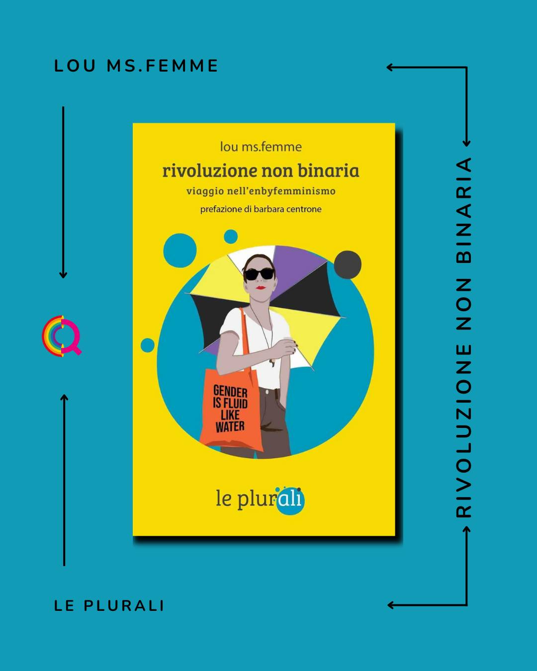Potrebbe essere un'illustrazione raffigurante il seguente testo "LOU MS.FEMME lou ms.femme rivoluzione non binaria viaggio nell'enbyfemminismo nell' prefazionedibarbaracentrone prefazioned barbara centrone GENDER ISFLUID LIKE WATER BINARIA NON RIVOLUZIONE le plurali LE PLURALI"