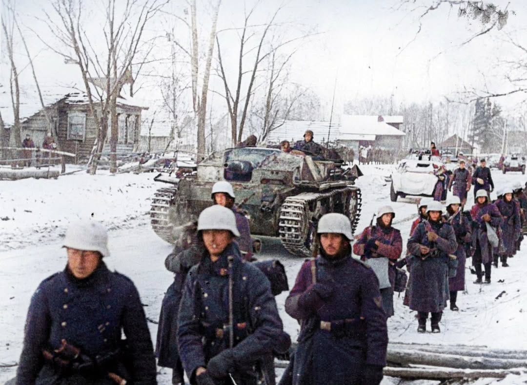 German mechanized troops near Moscow in December 1941, during Operation Typhoon, the Battle of Moscow, a critical turning point in WWII.