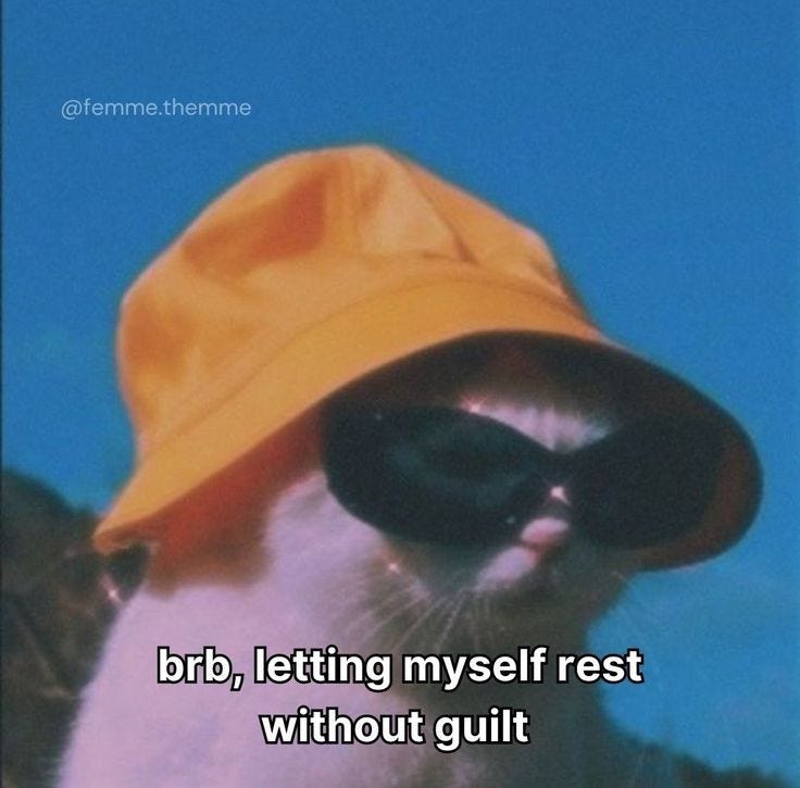 This may contain: a cat wearing a hat and sunglasses with the caption, bob, letting my self rest without guilt