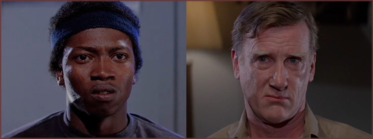 Two film frames from The Thing (1982): Nauls (T.K. Carter) on the left and Garry (Donald Moffat) on the right, both before the blood test sequence.