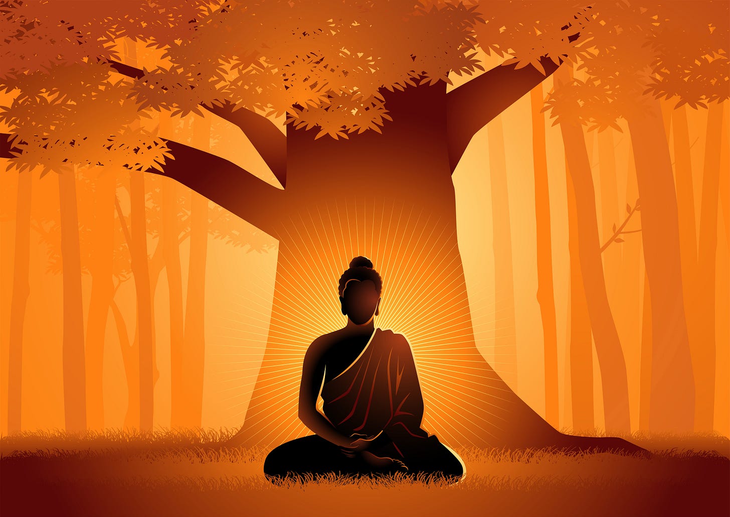 Illustration of Buddha sitting under a tree with light emanating around him