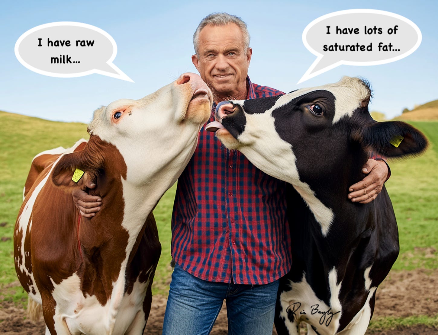Two cows try to lick RFK, Jr. One says "I have raw milk..." and the other says "I have lots of saturated fat.."