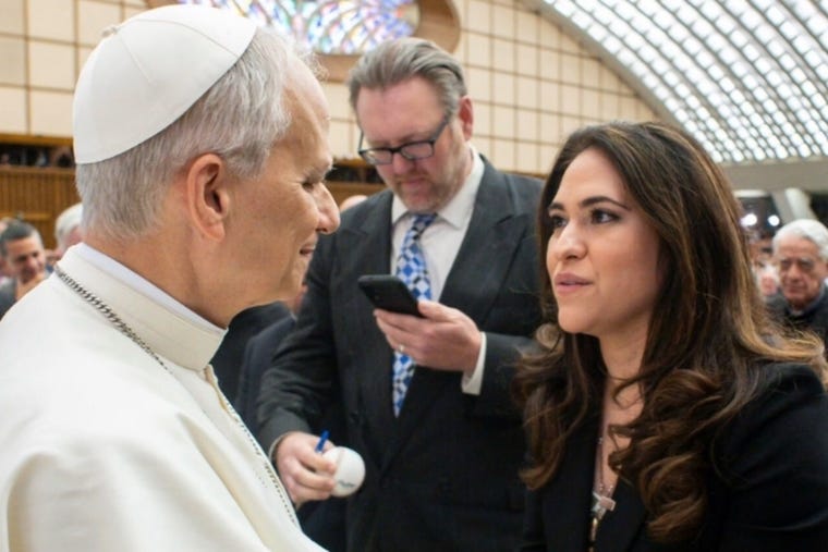 Pope Leo XIV with Montserrat Alvarado, at the Vatican on May 12, 2025. 