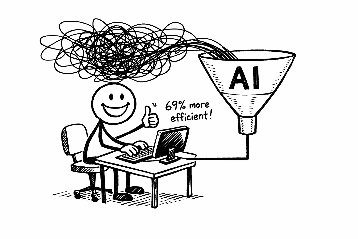 Black and white illustration of a smiling stick figure writer with a chaotic tangle of ideas above their head being siphoned into a funnel labeled AI, showing how AI collaboration flattens creative voice into neutral output, captioned 69% more efficient.