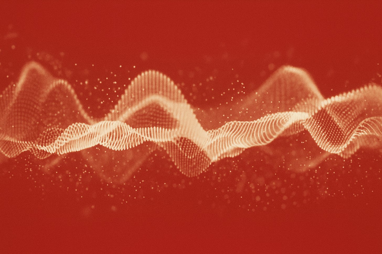 Abstract illustration of beige sound waves and particles on a red background, symbolizing voice and conversation.