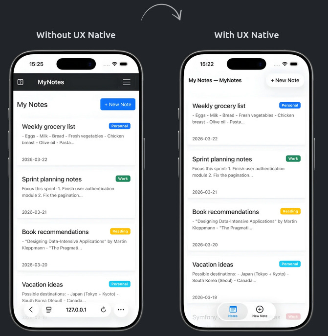 Deux captures d'un site au format mobile, à gache la version sans UX Native, avec une navigation web, à droite une version utilisant UX Native, le site est identique mais des éléments de navigation propres au mobile sont présents