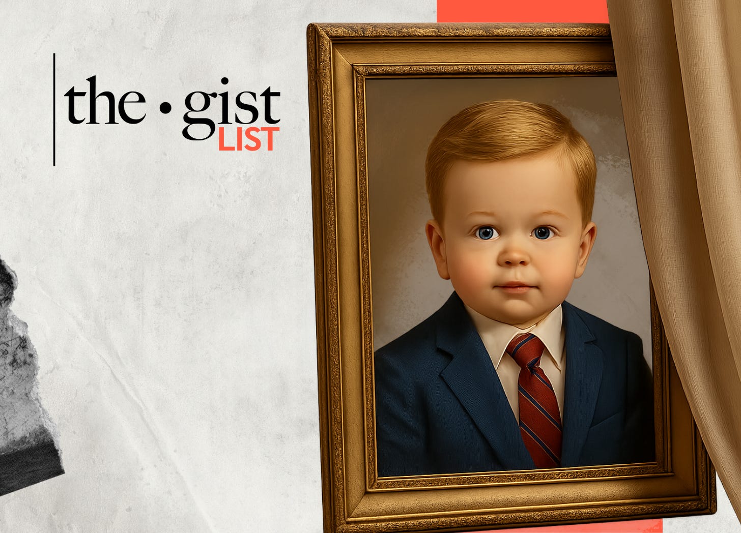 A framed portrait of a baby dressed like a politician with Bill Pulte’s haircut, partly obscured by a curtain.