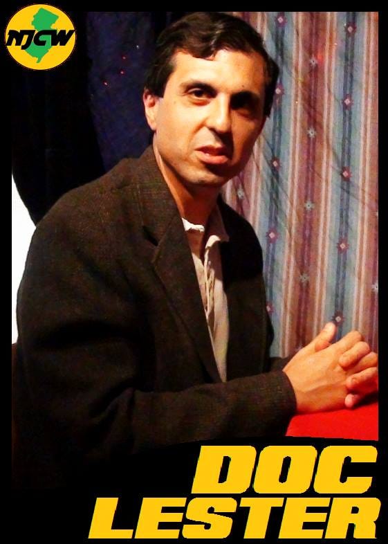 New Jersey Championship Wrestling collectible trading card for Doc Lester. The front of the card shows Doc Lester speaking while seated at a desk, turning toward the camera. The back of the card shows Doc Lester preparing the microphone to do an interview, with the words "SPORTSCASTER CALLS THE ACTION AND OFFERS EXPERT ANALYSIS."