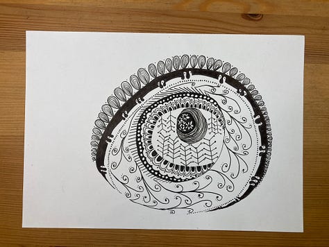 three drawings in black ink. One a sort of oval shape with different elements, one a hand shape filled with shapes, and another streaming lines down the page.