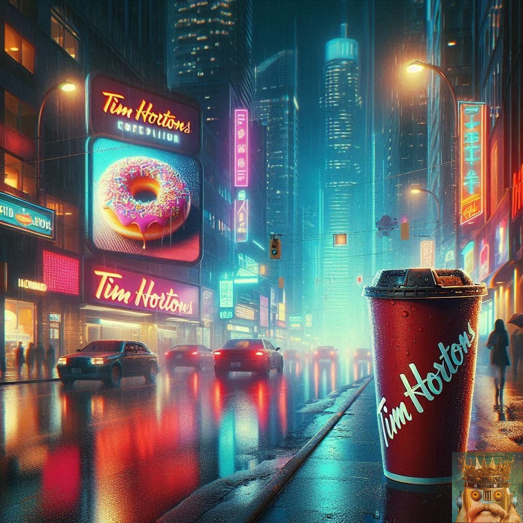 AMID THE EVER-CHANGING CYBERSCAPE OF TORONTONIUM, THE TIN ORTONS LOGO CONTINUES TO SPIN PROUDLY ON EVERY CORNER AMID THE EVER-CHANGING CYBERSCAPE OF TORONTONIUM, THE TIN ORTONS LOGO CONTINUES TO SPIN PROUDLY ON EVERY CORNER