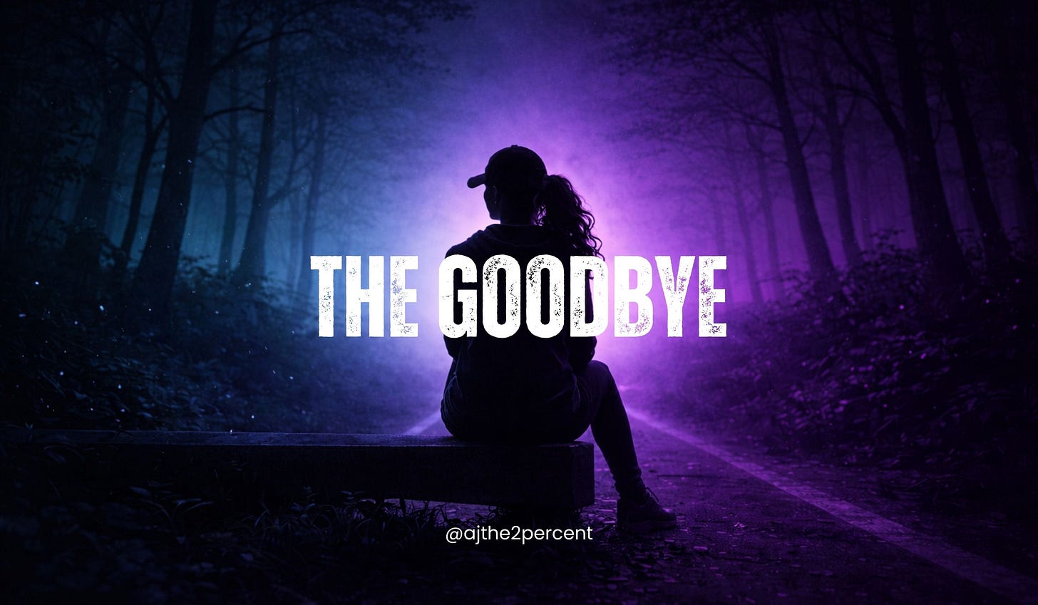 A silhouetted woman wearing a cap sits alone on a low bench beside a forest path at night. Tall trees fade into mist around her, with soft teal light on one side and muted purple light on the other. A gentle glow hangs in the air behind her, while the path disappears into darkness ahead.