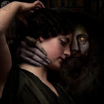 This may contain: a painting of a woman with her face painted like a demon and another creature behind her