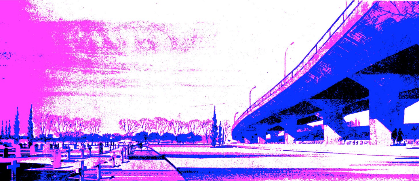 Colourised sketch of an elevated motorway passing over a cemetery