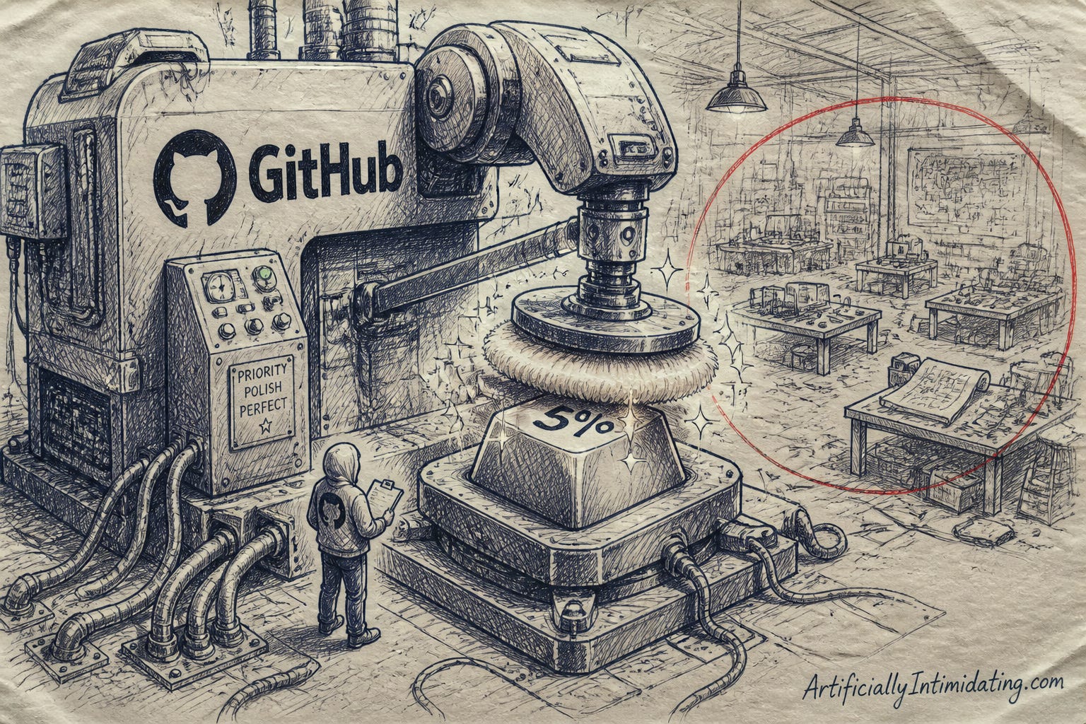A large industrial polishing machine stamped with the GitHub logo buffs a single keyboard key labeled 5 percent to a shine, while a dim workshop full of untouched workbenches sits circled in red behind it and a small engineer in a hoodie looks on.