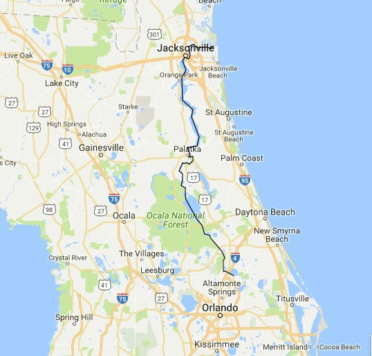 Map of St. Johns River from mouth at Atlantic Ocean near Mayport south to Sanford