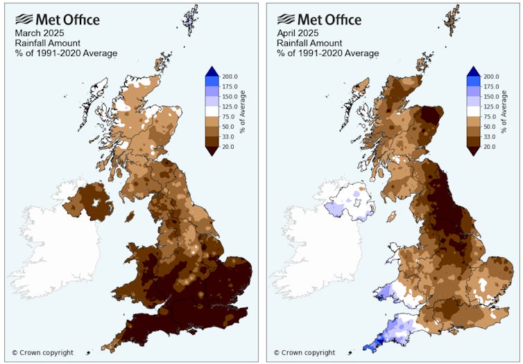 Two maps of the UK, showing mostly dark brown colours which indicate rainfall below 50% of normal. Two maps of the UK, showing mostly dark brown colours which indicate rainfall below 50% of normal.