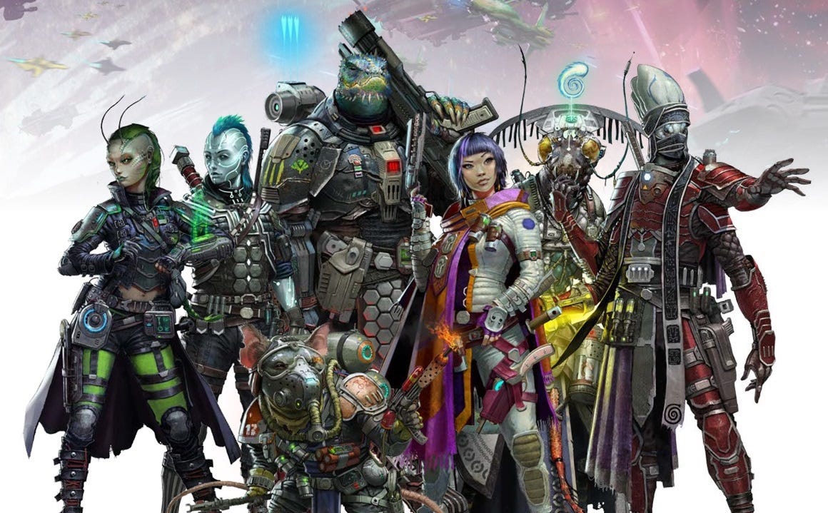 The starfinder iconic characters are lined up from left to right: person with green tint and antennae, person with blue tint and a mohawk, big lizard person with armor and large gun, small rat person with mask and flamethrower, purple haired human in space suit with blaster, bug person with glowing swirl above their head, and four-armed mask wearing long-headed alien with a glowing weapon.