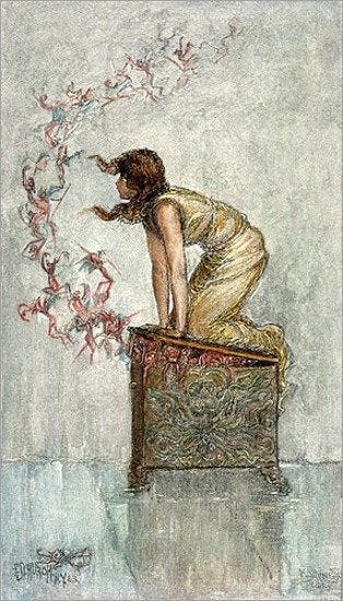 This may contain: a drawing of a woman sitting on top of a box with flowers in her hair