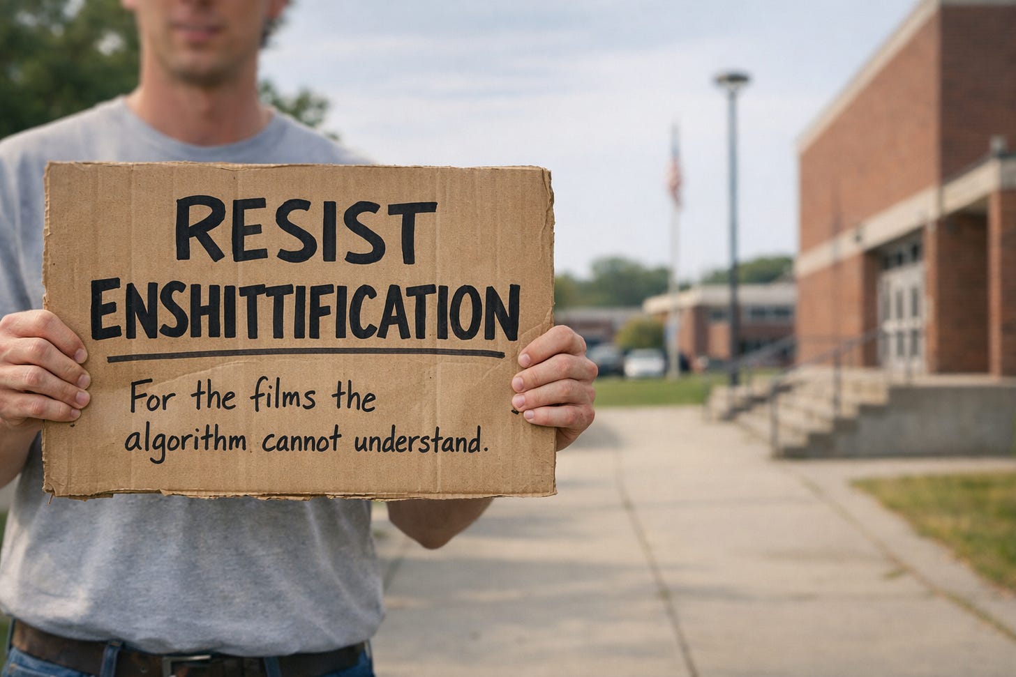 A person holds a cardboard protest sign reading “Resist Enshittification” with smaller text below saying “For the films the algorithm cannot understand,” standing in front of a suburban high school building in soft daylight.