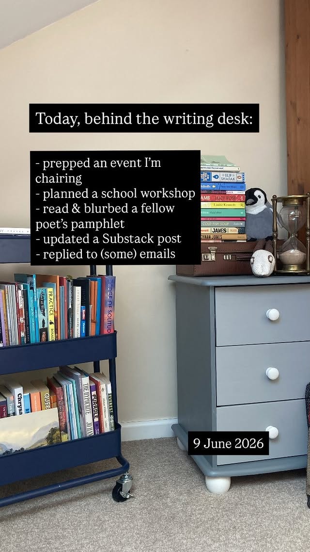 Photo by Katie Hale • novelist & poet 🌈 on June 10, 2026. May be an image of shelf, desk, cabinet, rack, indoors and text that says "Today, behind the writing desk: SHAFAK prepped an event ' chairing planned a school workshop -read & blurbed a fellow poet's pamphlet updated a Substack post -replied to (some) emails Lanikunh CCIO9-SOLP JANES| CH THEM 한카도 o QUEE 분구장6금- THEHYMERLE QURRDE EVEREST YORAL বককाন 9 June 9June2026 2026".