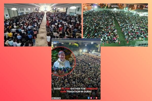 Mass Attendance at Saint Mary’s Dubai, UAE (top images, source - Facebook / Santa Krus Parish, Bagumbong - Social Media Pool & Opus Dei), The Filipino community turned out in large numbers for the annual Simbang Gabi nine dawn/evening Masses held welcoming the birth of Jesus - 30,000 Filipinos attended the celebrations (source: Dubaiofw Instagram page/Apostolic Vicariate of Southern Arabia)