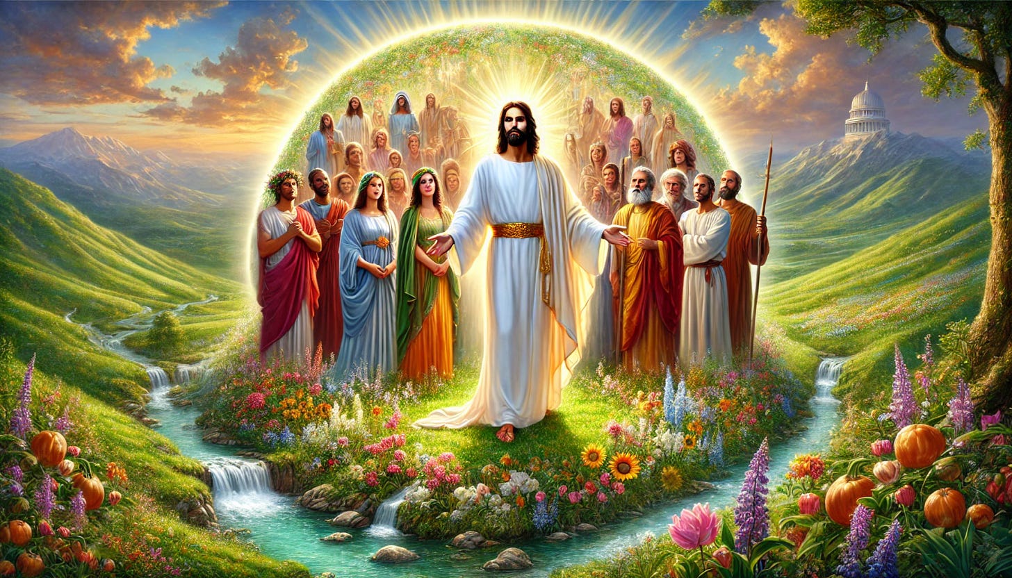 A serene and radiant depiction of Jesus Christ standing in the center of a lush, renewed earth. Jesus is clothed in a flowing white robe with a golden sash, radiating light. Surrounding Him are a diverse group of redeemed saints, representing various ethnicities and skin tones, wearing bright and elegant garments, their faces reflecting peace and joy. The landscape is filled with vibrant flowers, clear streams, and lush green hills, symbolizing the earth made new. The sky is painted with warm hues of sunrise, signifying hope and eternal life.