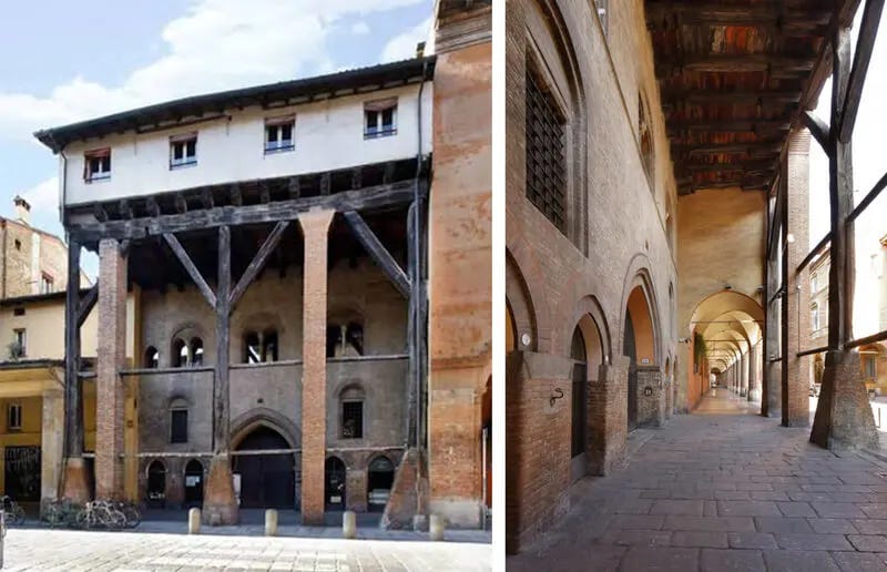 Dos perspectivas del mismo pórtico en Bolonia