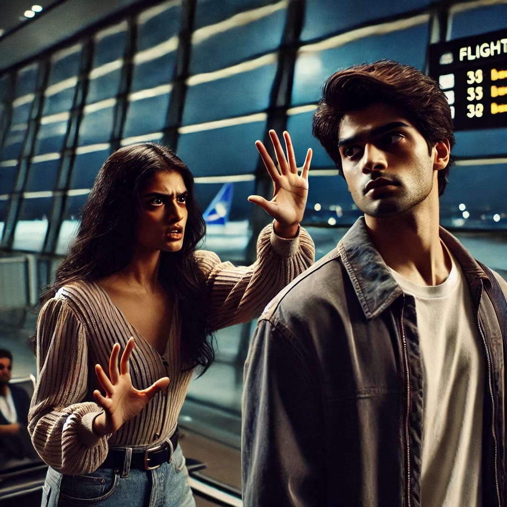 An Indian young man and an Indian young woman with darker complexions are in an airport setting at night. The woman is standing, appearing visibly angry, with her hand raised mid-action as if about to playfully hit the man. The young man is standing nearby, looking slightly frozen and startled in response. The setting includes modern airport details like large glass windows showing a dark night sky, flight information screens, and subtle lighting that highlights their interaction. The mood is playful yet tense, capturing a moment of expressive body language and emotions.