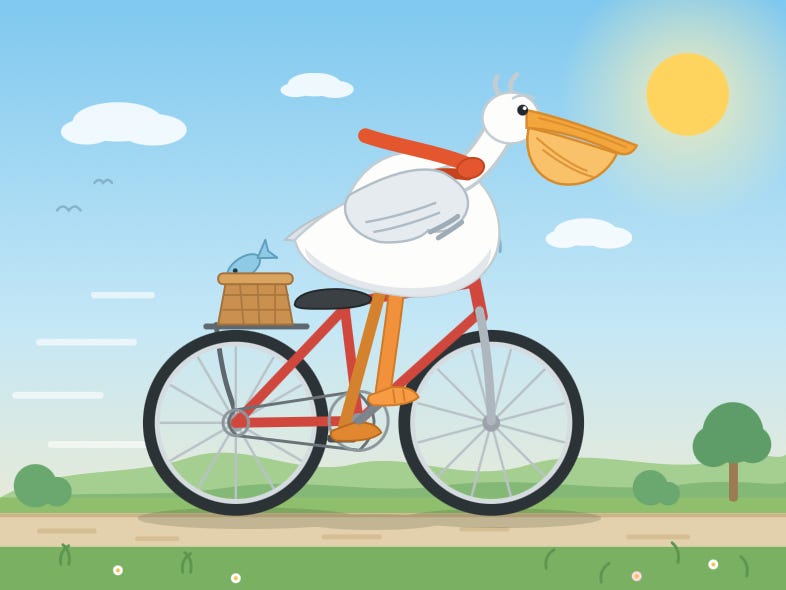 Flat vector illustration: a white pelican with an orange beak and orange legs rides a red bicycle along a sandy path, a wicker basket on the handlebars holding a blue fish, with green rolling hills, a small tree and bushes, white clouds and a bright yellow sun in a blue sky behind it