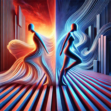 A Dance Between Two Worlds: Two figures representing “Broad” and “Narrow” standing opposite each other but in sync, symbolizing the dance between exploration and focus. High detail, abstract, surrealistic, with vibrant lighting contrasts.