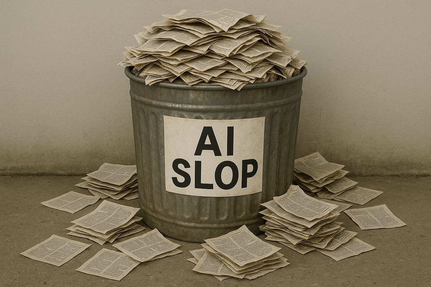 Overflowing metal trash can labeled “AI SLOP,” surrounded by crumpled papers, representing low-effort AI-generated output cluttering the web. Overflowing metal trash can labeled “AI SLOP,” surrounded by crumpled papers, representing low-effort AI-generated output cluttering the web.