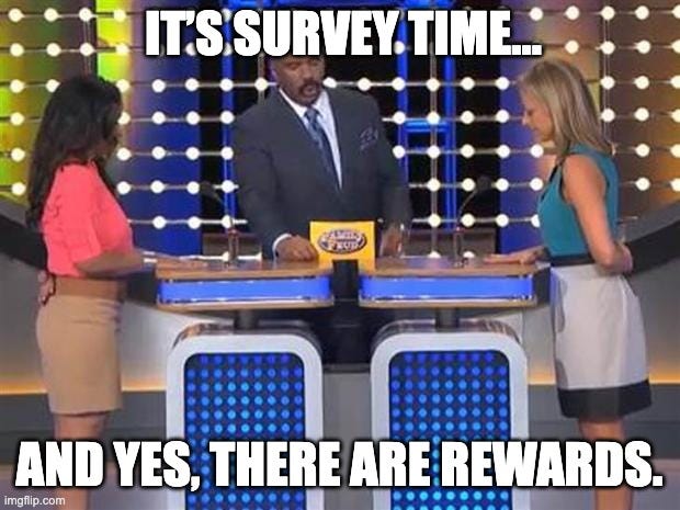 Beating the Tide investing newsletter Weekly #64 survey meme (Family Feud style) encouraging subscribers to complete the user experience survey, improve site navigation, and win premium rewards; stock investing and risk-reward framework.