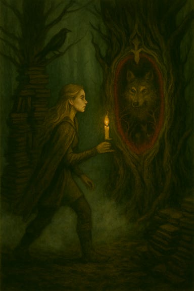 A dreamlike fantasy image of Muriel Vinshaw, a young woman with features reminiscent of Freya Allan—fair skin, long blonde hair, and sharp, expressive eyes—walking steadily through a mist-shrouded forest. Her stride is calm, her breath slow. The forest is ancient and deep, with towering trees and thick mist curling around their trunks. In the center of the forest stands a mirror framed in bark, pulsing faintly with blood-red light. Muriel gazes into the mirror. Reflected within is a maternal wolf with soft, intelligent eyes, surrounded by cubs nestled in thorny underbrush. The cubs are still and silent, caught in timeless waiting. The atmosphere is ethereal and haunting, with soft candlelight hues and muted forest tones. The scene evokes mystery, reverence, and quiet dread.