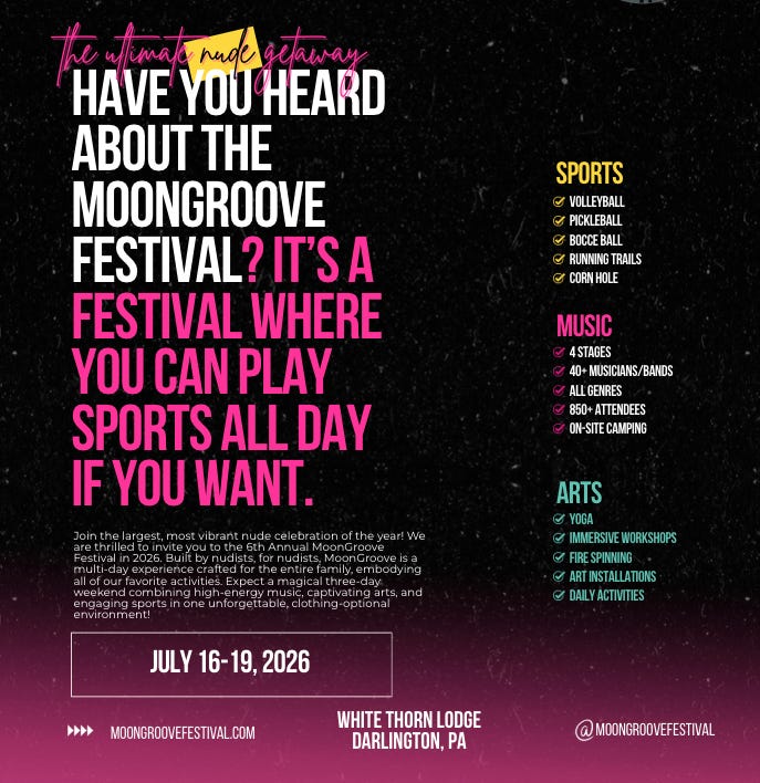 MoonGroove promotional graphic on a black background reading "Have you heard about the MoonGroove Festival? It's a festival where you can play sports all day if you want." Side columns list Sports, Music, and Arts offerings. Dated July 16–19, 2026, at White Thorn Lodge, Darlington, PA.