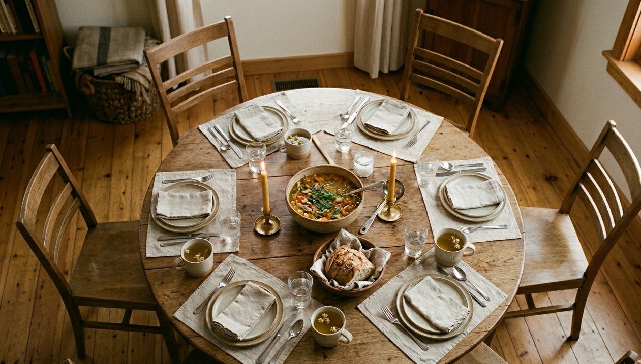 Overhead view of a round table set for six, warm candlelight, earthenware bowls, and a communal pot of soup at the center—an intentional gathering, not a crowd. Overhead view of a round table set for six, warm candlelight, earthenware bowls, and a communal pot of soup at the center—an intentional gathering, not a crowd.